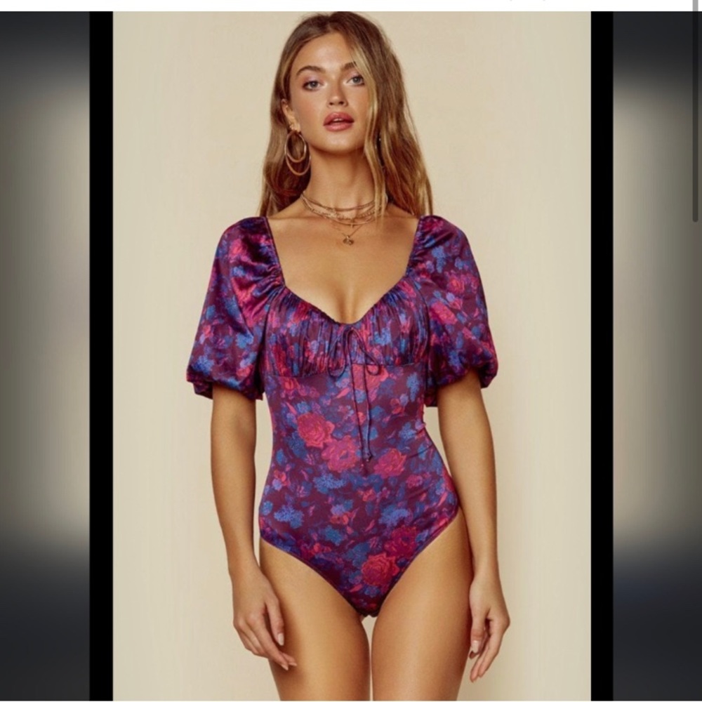 For Love & Lemons Purple Floral Puff-Sleeve Bodysuit